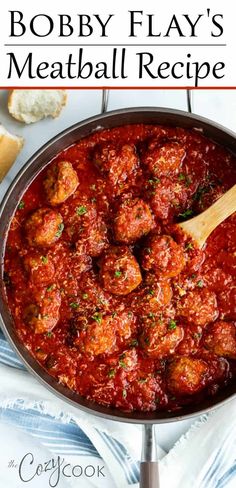 the cover of bobby flay's meatball recipe, with a wooden spoon in it