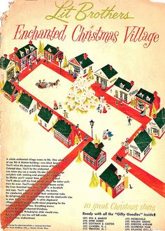 an old fashioned christmas village map with houses and trees on the street in front of it