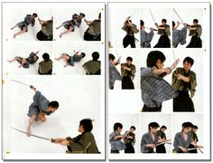 several pictures of people doing different poses with swords