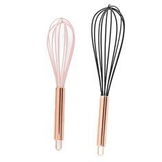 two metal whisks are shown side by side, one is pink and the other is black