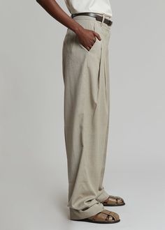 Gelso Pleated Trousers - Light Taupe Melange Pants The Frankie Shop Tailored Full Length Wide Leg Pants With Pockets, Tailored Wide Leg Full-length Pants With Pockets, Tailored Full Length Cotton Wide Leg Pants, Tailored Full-length Cotton Wide Leg Pants, Tailored Cotton Wide Leg Pants, Beige Wide-leg Bottoms With Welt Pockets, Tailored Wide-leg Pants With Pockets, Tailored Linen Pants With Pockets, Tailored Linen Wide Leg Pants For Business Casual