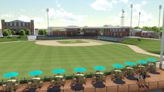 an artist's rendering of a baseball field with tables and umbrellas