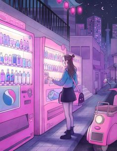 a woman standing in front of a pink vending machine with soda bottles on it