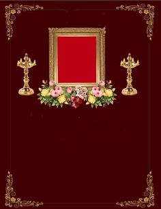 an ornate gold frame with flowers and candles on the side, in front of a red background