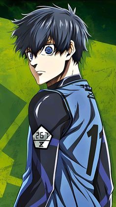 an anime character with black hair and blue eyes, standing in front of a green background