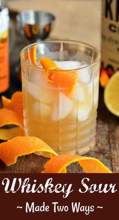 an old fashioned whiskey sour made two ways with orange peels on the rim and garnish