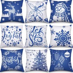 six christmas pillows with blue and white designs