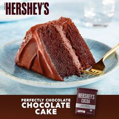 a piece of chocolate cake on a plate with a fork and hershey's logo