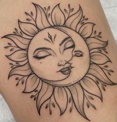 a sun with a face on it and leaves around the bottom of its arm,