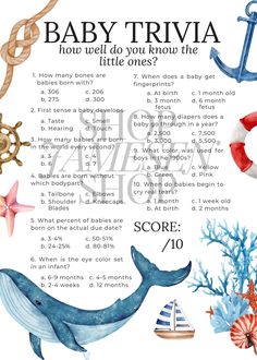 a baby trivia poster with an anchor, whale, and life preserver on it