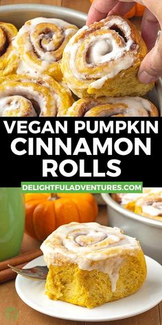 vegan pumpkin cinnamon rolls on a plate with the title in the middle and an image of