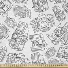 a black and white drawing of old fashioned cameras on a white background, seamless