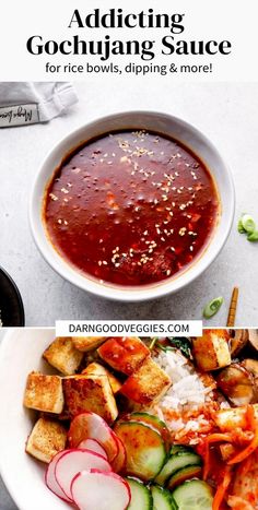 two pictures with different types of food in them and the words, adding gochung sauce for rice bowls, dipping & more