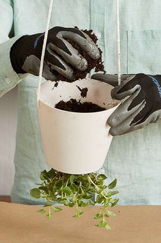 a person wearing gloves and gardening gloves is holding a bucket full of dirt with plants growing out of it