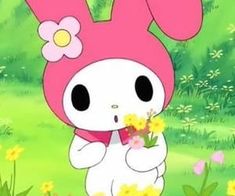 a cartoon bunny with flowers in its hand and grass behind her, looking at the camera