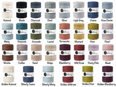 many different colors of thread for sewing and crafting, all with labels on them