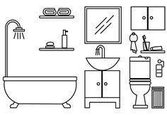 a black and white line drawing of a bathroom with sink, toilet, tub, mirror, shower head, shelves and other items