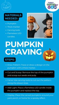 an advertisement for pumpkin carving with two children