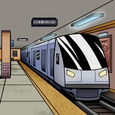 a drawing of a subway train pulling into the station