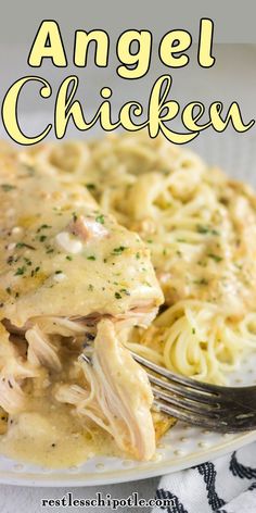 A closeup of a serving of angel chicken. Angel Chicken Recipe, Angel Chicken Pasta, Easy Crockpot Dump Meals, Crockpot Chicken Spaghetti, Angel Chicken, Weeknight Recipes, Dump Meals, Angel Hair Pasta, Chicken Pasta Recipes