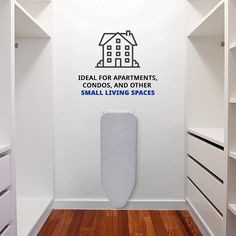 a small living space with white shelving units and a sign that says ideal for apartments, condos, and other small living spaces