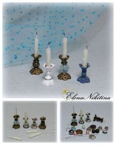 several different types of candle holders with candles