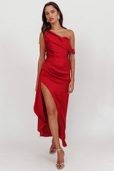 Shop the Sensations Off Shoulder Satin Maxi Dress Red | Selfie Leslie