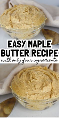 A bowl of easy maple butter made with four ingredients sits on a countertop, suggesting a recipe for flavored butter ideal for spreading on bread. Perfect for flavored butter recipes and maple recipes lovers.