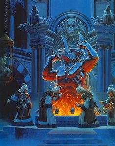 a painting of some people in front of a fire place with an evil demon on it