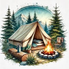 a drawing of a tent in the woods with a campfire and chairs around it