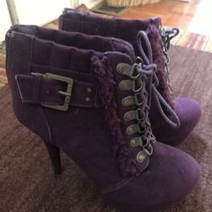 These Have Never Been Worn Brand New Purple Tie In The Front Zipper In The Back Super Fun Size 7 Ankle Boot Purple Heeled Boots For Winter, Purple Round Toe Heeled Boots For Winter, Casual Purple High Heel Boots, Purple Ankle Heeled Boots For Fall, Fall Purple Ankle Heeled Boots, Chic Purple Heeled Boots For Fall, Purple High Heels For Winter, Trendy Purple Heels For Fall, Heels Purple