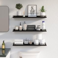 two black shelves above a white toilet in a bathroom with a mirror and plants on the wall