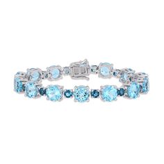 A cool blend of blue hues creates your next go to accessory. Crafted in sterling silver, this bracelet wraps an icy ribbon of sky blue topaz and London blue topaz gemstones around your wrist and secures with an inserting, locking clasp. Bracelet measures 8.1mm in width and 7.25 inches in length. Pear Bracelet, Square Bracelet, Topaz Bracelet, Blue Topaz Bracelet, Silver Link Bracelet, Helzberg Diamonds, Blue Topaz Stone, Sky Blue Topaz, Elegant Bracelet