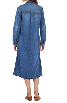 A versatile denim shirtdress in a midi silhouette lends casual charm to your style with welt pockets and flowy slits at the hemline. 45 1/2" to 46 1/2" length (size Small) Front button closure Spread collar Long sleeves with button cuffs Front welt pockets 100% cotton Machine wash, tumble dry Imported Relaxed Fit Denim Blue Shirt Dress With Pockets, Casual Midi Dress With Button Closure And Relaxed Fit, Spring Midi Denim Dress With Pockets, Spring Midi-length Denim Dress With Pockets, Relaxed Fit Midi Shirt Dress With Button Closure, Medium Wash Long Sleeve Shirt Dress With Pockets, Medium Wash Denim Midi Dress With Button Closure, Blue Denim Midi Shirt Dress, Casual Denim Midi Length Shirt Dress