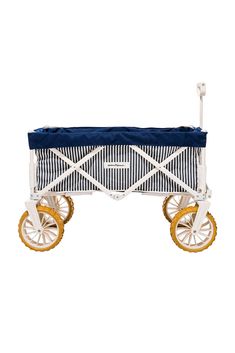 a white and blue wagon with wheels