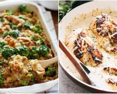 two pictures side by side one has chicken and the other has broccoli in it