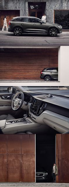 the inside and outside of a car with its door open in two different shots, one showing the driver's dashboard