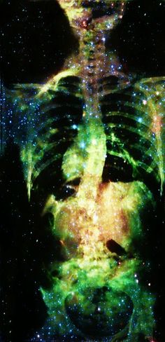 an image of a skeleton in the middle of space with stars all over it's body