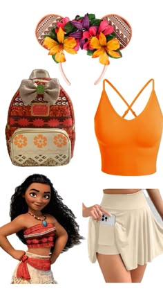 the disney character is wearing an orange bra top and skirt with flowers in her hair