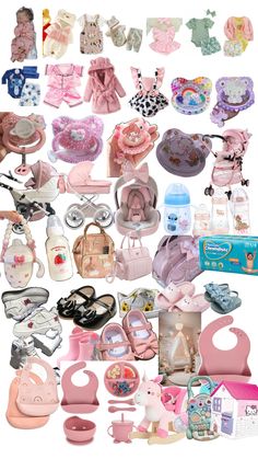 many baby items are grouped together in this collage, including shoes and bibs