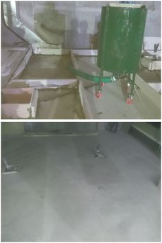 two pictures of the same machine in different stages of being used to make concrete flooring