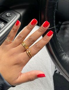 Red Nails Overlay, Short Red Manicured Nails, Red Shirt Square Nails, Red Full Set Nails, Red Russian Manicure, Red Nails On Black Women, Red Shirt Nails, Red Short Acrylic Nails, Red Short Square Nails