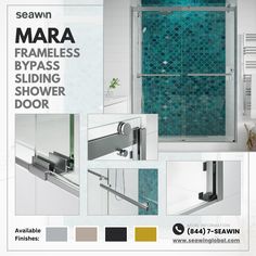 an advertisement for a shower door with images