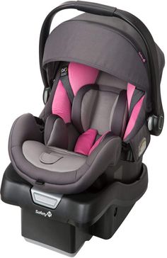 the child's car seat is grey and pink