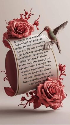 a bird is flying over a piece of paper with roses on it and the words written in spanish