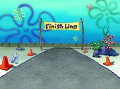 a cartoon scene with a sign and some cones on the side of the road that says fish line