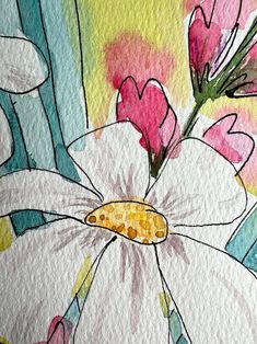 watercolor painting of white flowers with pink and green leaves in the center on paper