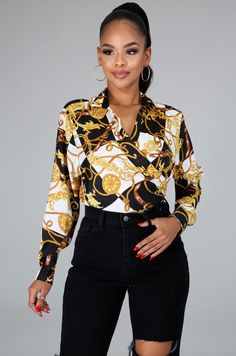 Keep it classy yet sexy with the lavish nights printed silk top. It pairs perfectly with high waist jeans and heels. You can tie it for a cropped look, leave it unbuttoned, or wrap it the possibilities are endless. Finish the look with our Goldie Square Drop Earrings and bold lip for a perfect night time look. Features: No buttons Long Sleeve Fits true to size Model is wearing Size: Small Trendy Printed Blouse For Parties, Chic Printed Tops For Night Out, Chic Printed Blouse, Bold Lip, Perfect Night, Bold Lips, Keep It Classy, Waist Jeans, Printed Silk