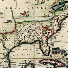 an old map of the united states with horses and other animals on it's sides