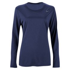 Nike Women's Legend Long Sleeve Poly T-Shirt. Train with the Swoosh and feel the difference. Dri-FIT training top looks like a tee but performs like a training jersey. Lightweight, moisture wicking training top with screened Nike logo. 100% polyester. Nike Shirts Women's, Legend Shirt, Womens Activewear Tops, Training Shirt, Nike Swoosh Logo, Training Clothes, Training Shirts, Dri Fit Shirt, Training Tops